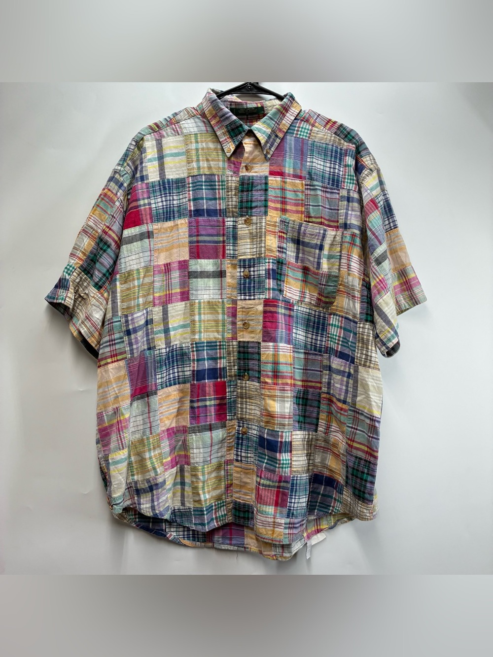 Orvis XL Patchwork Short Sleeve Shirt Check Plaid Vintage Indian Madras Cotton